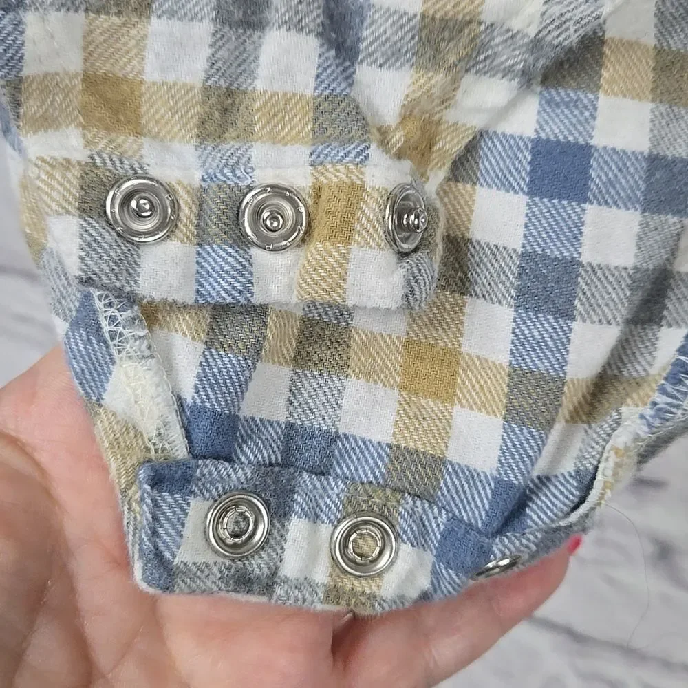 Baby Boy Cotton Flannel One-Piece Tan Plaid Long Sleeve Shirt Winter Western 18M